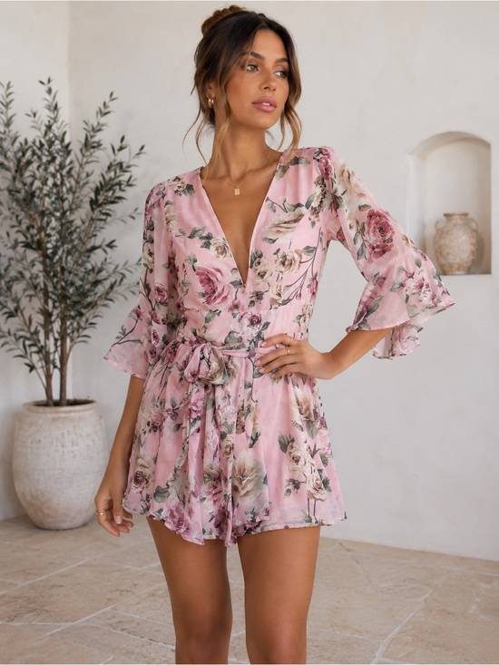 Miss Avenue Pants - Miss Avenue Pink Floral V-Neck Romper with Waist Tie